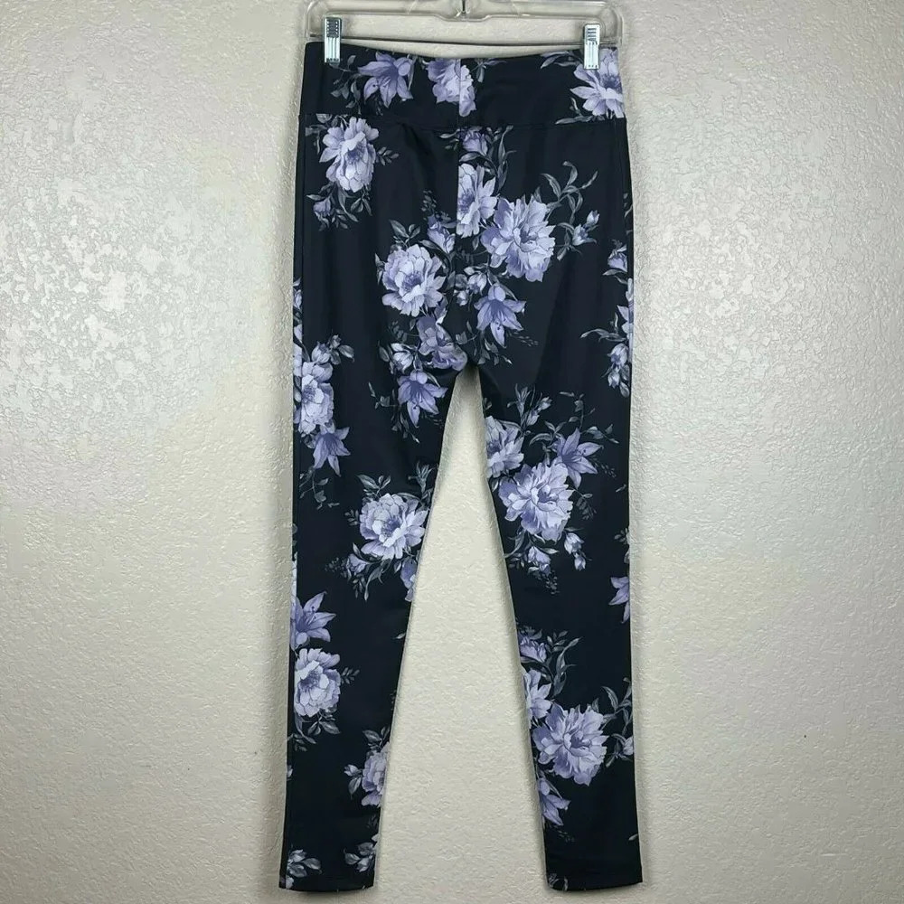 Athletech Leggings Women's Sz S High Waisted Floral Athletic Black Lavender - Picture 2 of 9